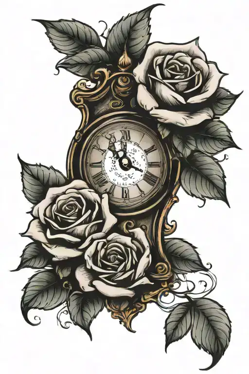 clock and roses intertwined tattoo design idea