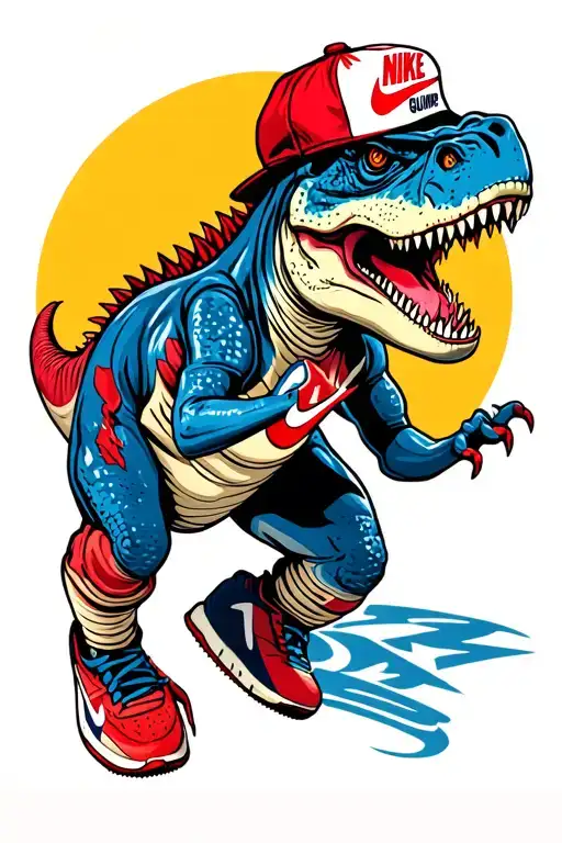 a running t-rex wearing red, white, and blue Nike Cortez shoes and a Bubba Gump hat tattoo design idea