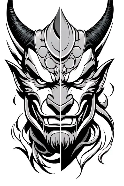 Japanese warrior oni mask split in half face tattoo design idea