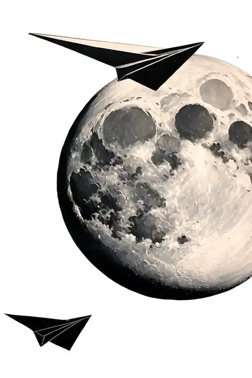 moon with paper airplane flying tattoo design idea