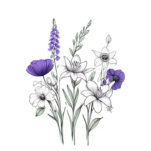 Fine line bouquet of these flowers: Delphinium, Violet, Lily, Poppy, Daffodil. No color tattoo design idea