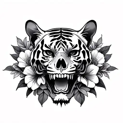 skull, tiger, flowers tattoo design idea
