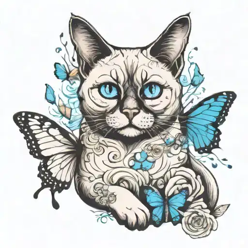 A fat siamese cat with wings and blue eyes surrounded by butterflies  tattoo design idea