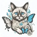 A fat siamese cat with wings and blue eyes surrounded by butterflies  tattoo design idea