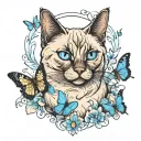 A fat siamese cat with wings and blue eyes surrounded by butterflies  tattoo design idea