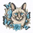 A fat siamese cat with wings and blue eyes surrounded by butterflies  tattoo design idea
