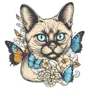 A fat siamese cat with wings and blue eyes surrounded by butterflies  tattoo design idea