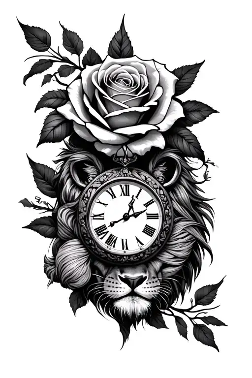 Full sleeve tattoo of a rose, a clock, a pair of knitting wool, a lion and something related to Rastafarian tattoo design idea