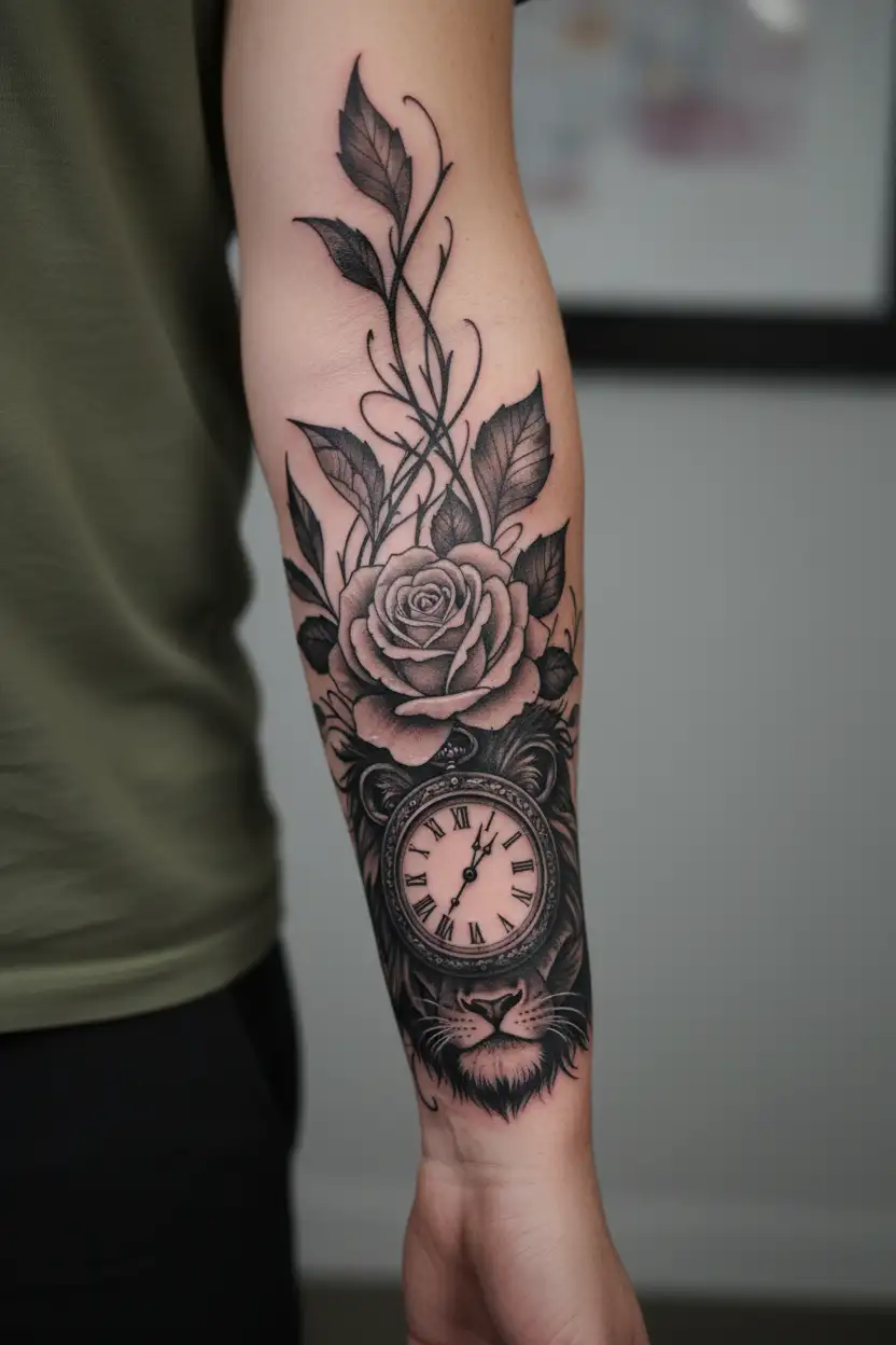 Full sleeve tattoo of a rose, a clock, a pair of knitting wool, a lion and something related to Rastafarian tattoo design idea