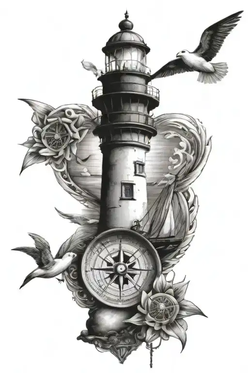 lighthouse, compass, calm ocean, heart, 1924, seagull tattoo design idea