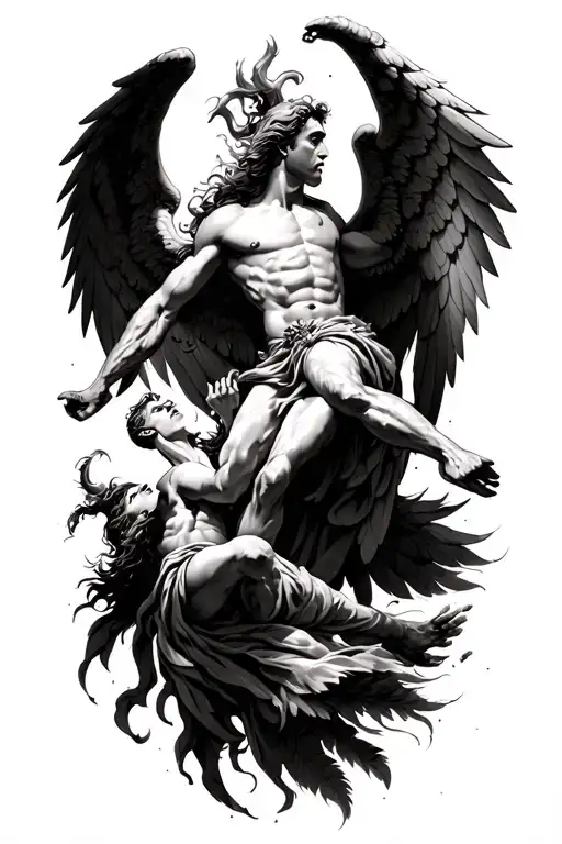 Arch Angel Michael defeating Lucifer falling angel with feathers flying tattoo design idea