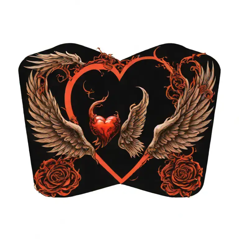 angel wing and devil wing with heart in the middle tattoo design idea