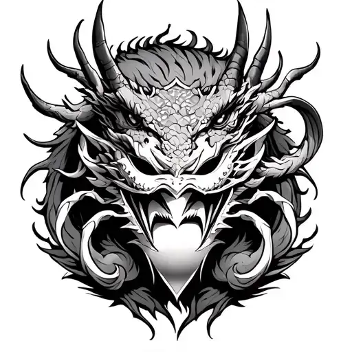 Japanese style tattoo with a mask on the shoulder with a dragon with its claws inside the head of the mask going over  tattoo design idea