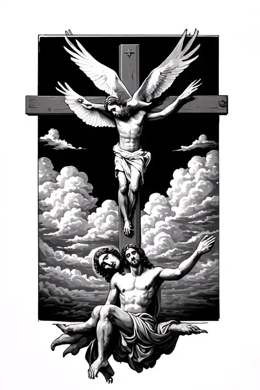 2 doves over Jesus Christ while he is overlooking a cross with clouds behind everything tattoo design idea