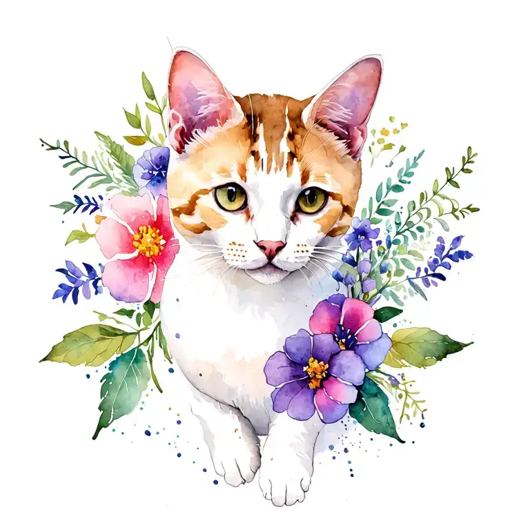 Cat and flowers tattoo design idea