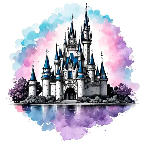 Cinderella's castle add pinks purples blues tattoo design idea