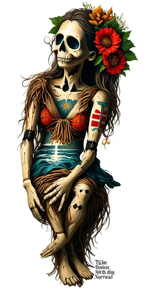 A voodoo doll surrounded by symbols of Norway nature tattoo design idea