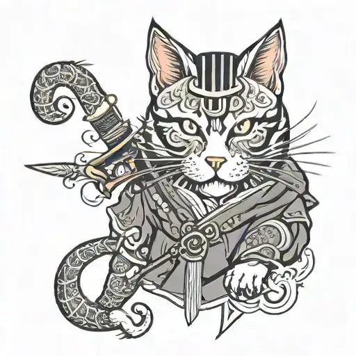cat with traditional samurai mask tattoo design idea