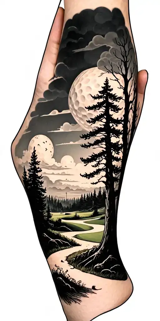 creepy forest scene with cloudy sky golf course golf ball tattoo design idea