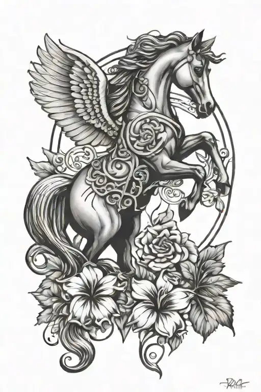 horse and hibiscus flower with celtic angel tattoo design idea