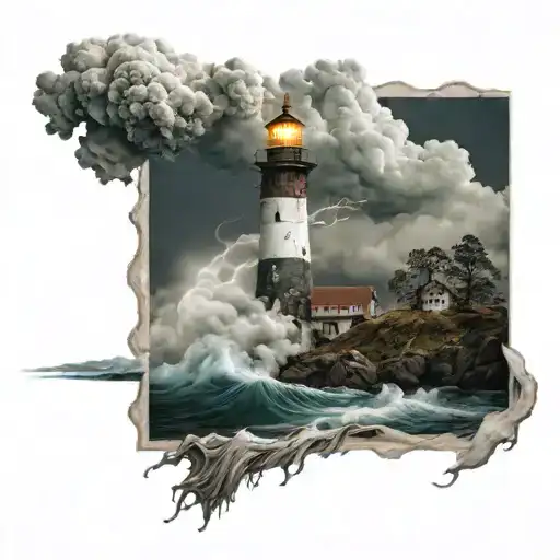 a mountain and an ocean under the storm . a rusty and illuminated lighthouse below . strong waves tattoo design idea