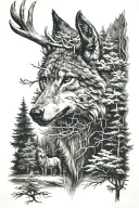 wolf and deer head with trees tattoo design idea