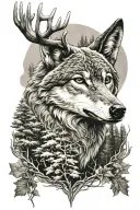 wolf and deer head with trees tattoo design idea