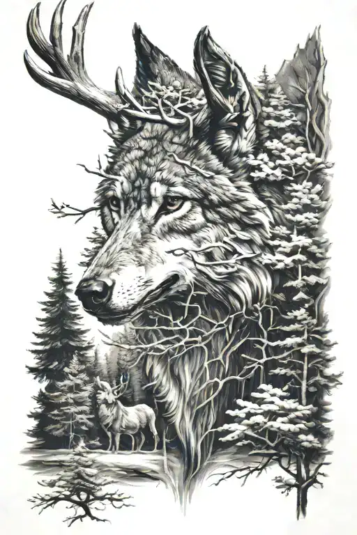 wolf and deer head with trees tattoo design idea