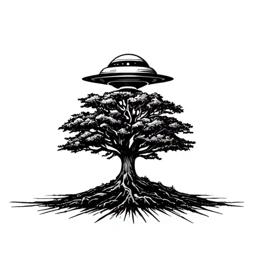 Minimal UFO beaming up a tiny tree, linework flash design tattoo design idea