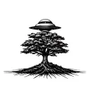 Minimal UFO beaming up a tiny tree, linework flash design tattoo design idea