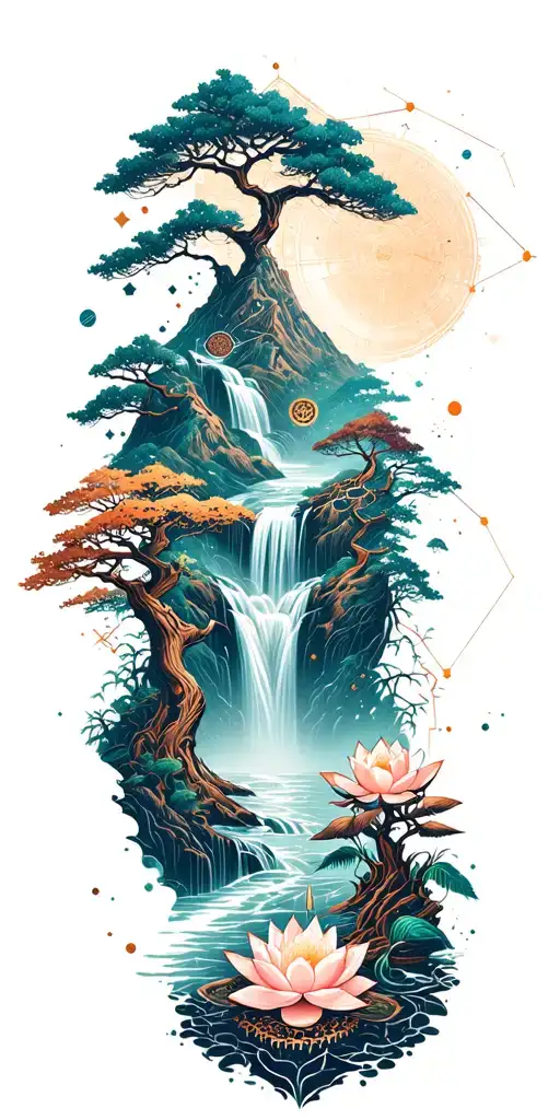 collage of space constellation, Buddhist mountain, trees, waterfall, lotus, wood mechanical gears tattoo design idea