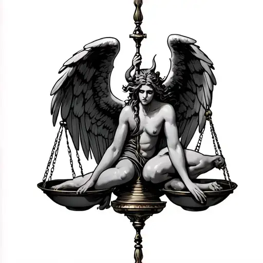 A black and grey tattoo of a fallen angel and a rising devil, symbolizing the balance between light and dark on a Libra scale tattoo design idea