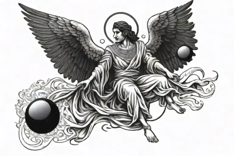 Egyptian angel in a v neck Greek robe flying with magical black ball on fire tattoo design idea