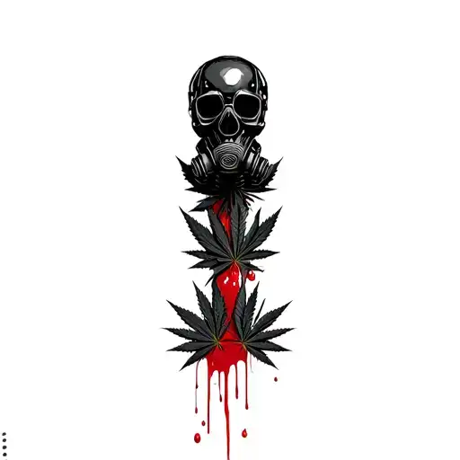 composition,black robot skull with gas mask,marijuana leaves in the background,dripping blood tattoo design idea