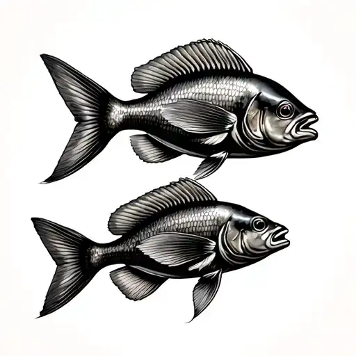 A scientific style illustration of three species of fish: Oreochromis niloticus, Makaira nigricans and Mugil curema. tattoo design idea