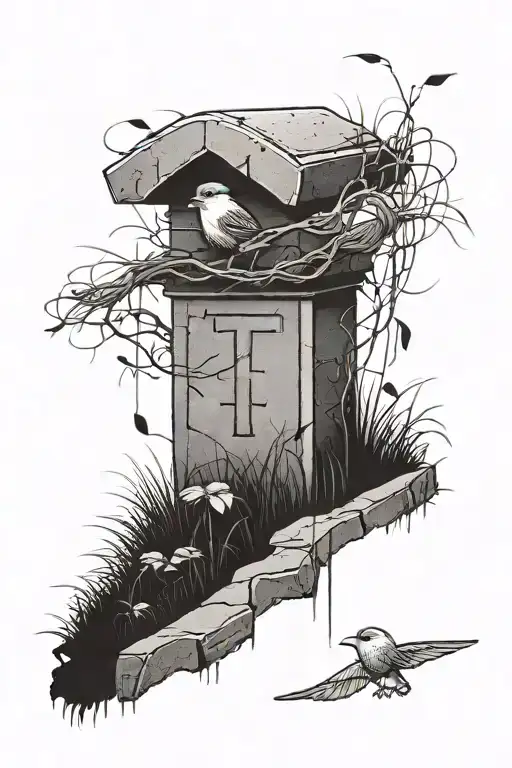 a cracked sidewalk grave with a bird sitting on top of the headstone singing in the rain and grass growing around it tattoo design idea