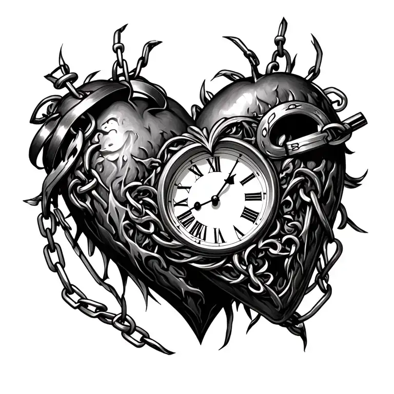 Heart clock chained tattoo design idea