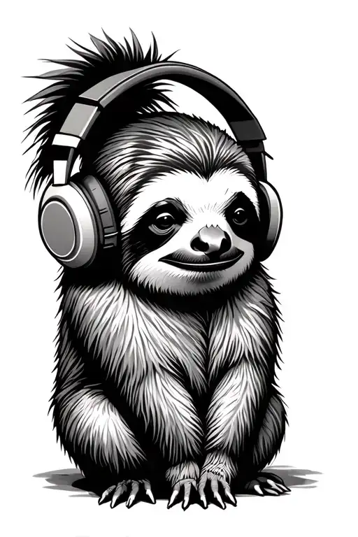 hop sloth wearing headphones listening to music tattoo design idea