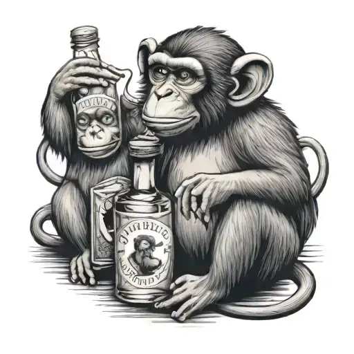 3 monkeys sitting around a bottle of apple e&j liquor  tattoo design idea
