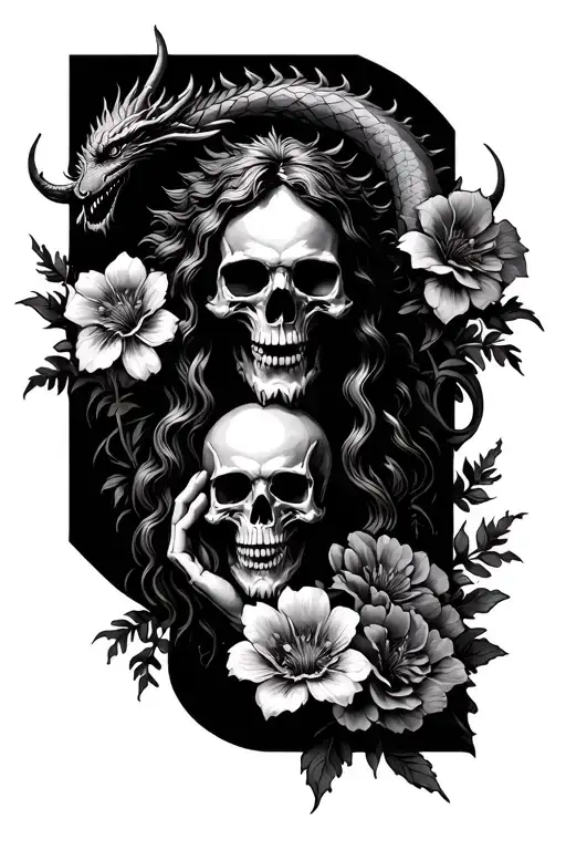 dragon dead flowers surrounding Jesus stripped skulls flowers on hand tattoo design idea
