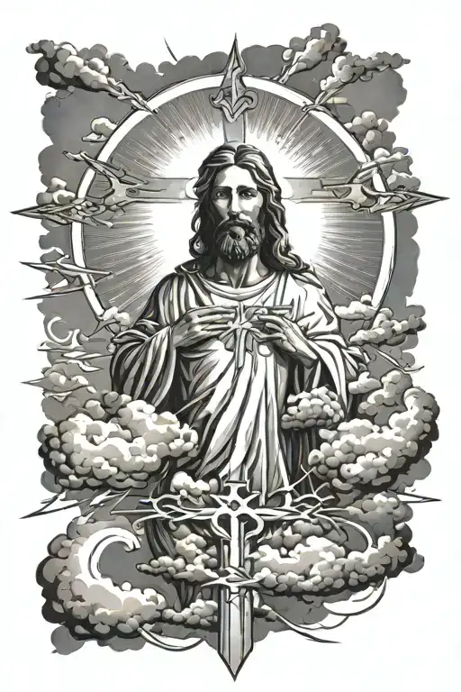 A sun with light beams shining down on Jesus christ and clouds around it with a cross and make it long   tattoo design idea