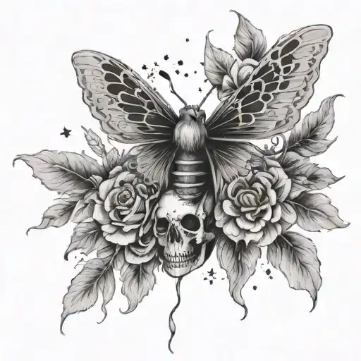 Create an image of a moth w skull wings spread wide, w night flowers surrounding the moth, w stars around it tattoo design idea