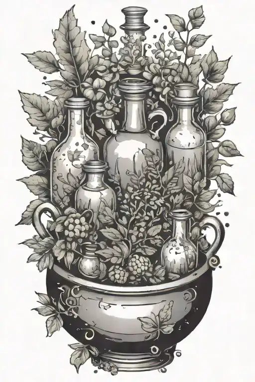 potion bottles with magical herbs and plants with salt an pepper shakers around a cauldron tattoo design idea