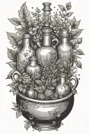 potion bottles with magical herbs and plants with salt an pepper shakers around a cauldron tattoo design idea