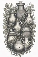 potion bottles with magical herbs and plants with salt an pepper shakers around a cauldron tattoo design idea
