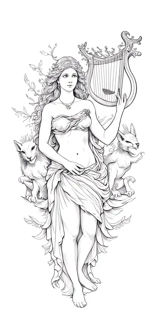 A tattoo design combining elements of Greek mythology and music, featuring a female figure playing a lyre surrounded by mythical creatures tattoo design idea
