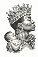 A young black African-American male wearing a diamond crown and jewelry holding a baby girl in his arms, looking down tattoo design idea