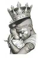 A young black African-American male wearing a diamond crown and jewelry holding a baby girl in his arms, looking down tattoo design idea