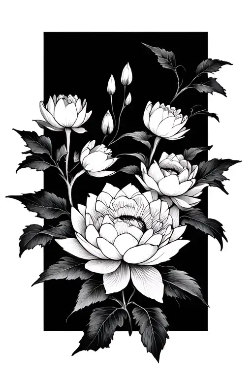 peonies and lotuses with branches tattoo design idea