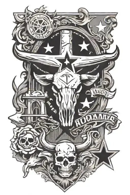 Texas themed tattoo sleeve including the Alamo, the Houston Texans logo, Houston Astroslogo, a longhorn skull  tattoo design idea